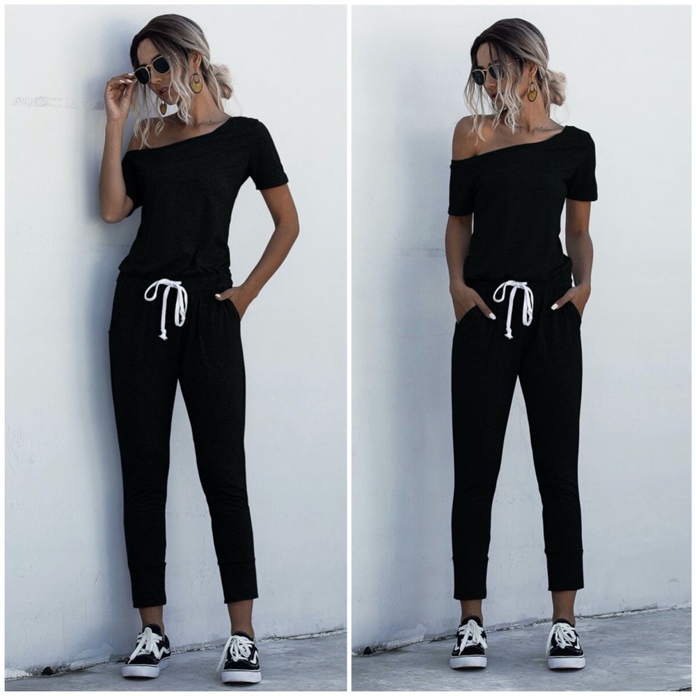 off shoulder waist tie pocket jumpsuit charcoal - Picture 3 of 9
